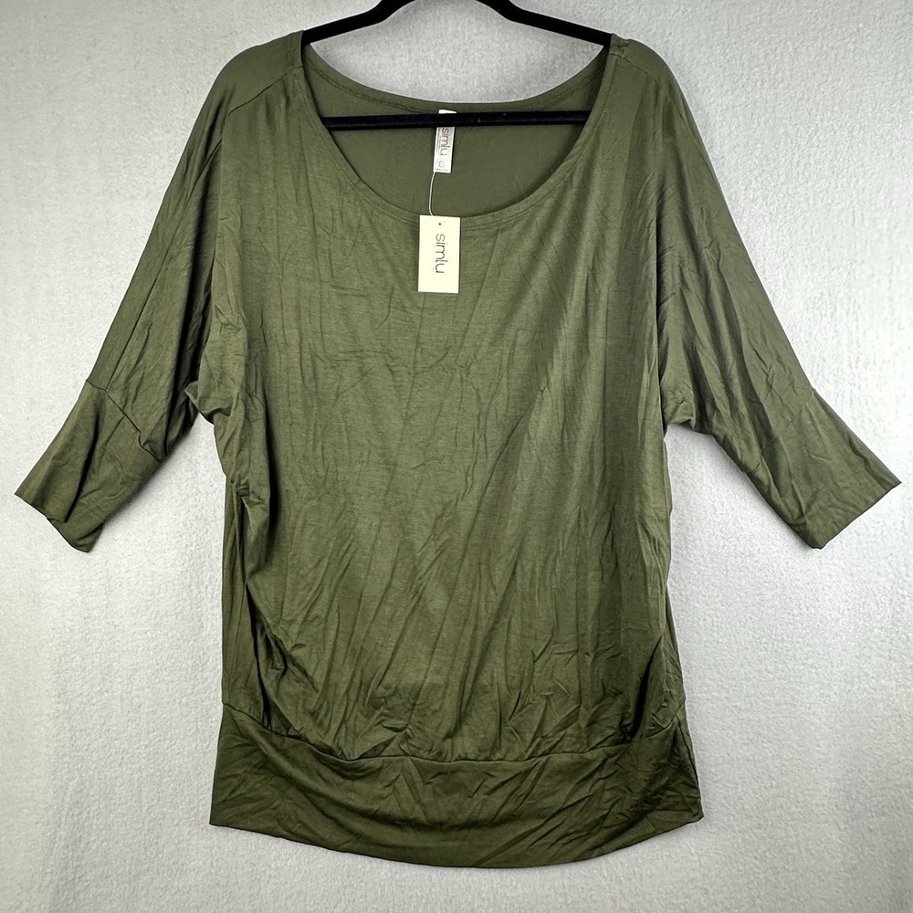 Simlu Sz L Olive Green 3/4 Dolman‎ Sleeve Wide Neckline Oversized Drapey Top NWT